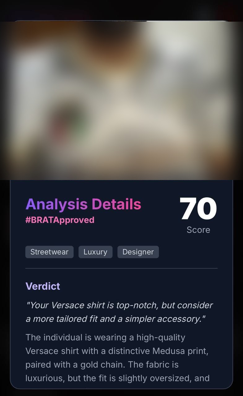 BRAT verdict card with score 70 and style tags; photo blurred